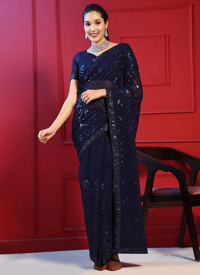 Blooming Georgette Black Party Wear Sequins Work Saree